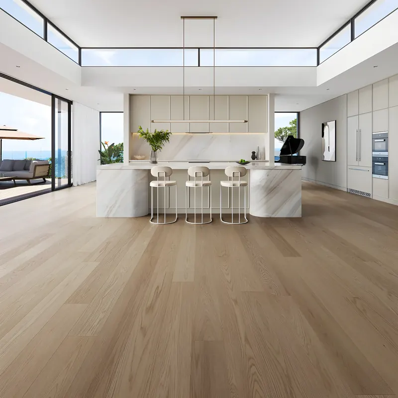 Open-plan kitchen and dining room with a wide-board wood-look floor