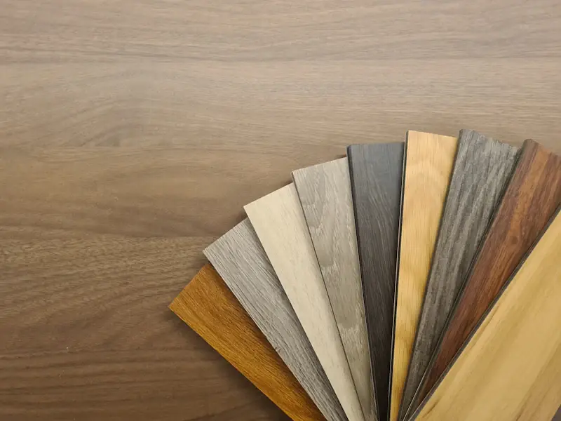 Flooring samples spread out for comparison